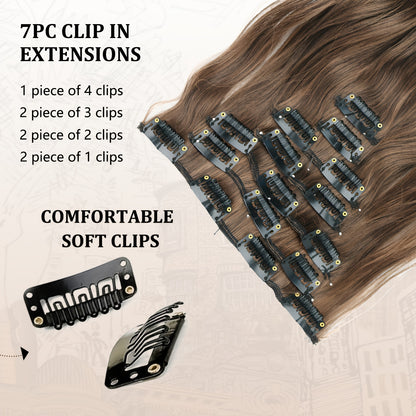 7 Sets (16 Clips) Clip-In Curly Hair Extensions for Women - 24" Long Blonde/Brown/Beige/Balayage Ombre Wavy Wig Pieces, -Looking Volume & Length for Everyday, Parties, Weddings, Sensitive Scalp Friendly - Easy Clip-On Extensi