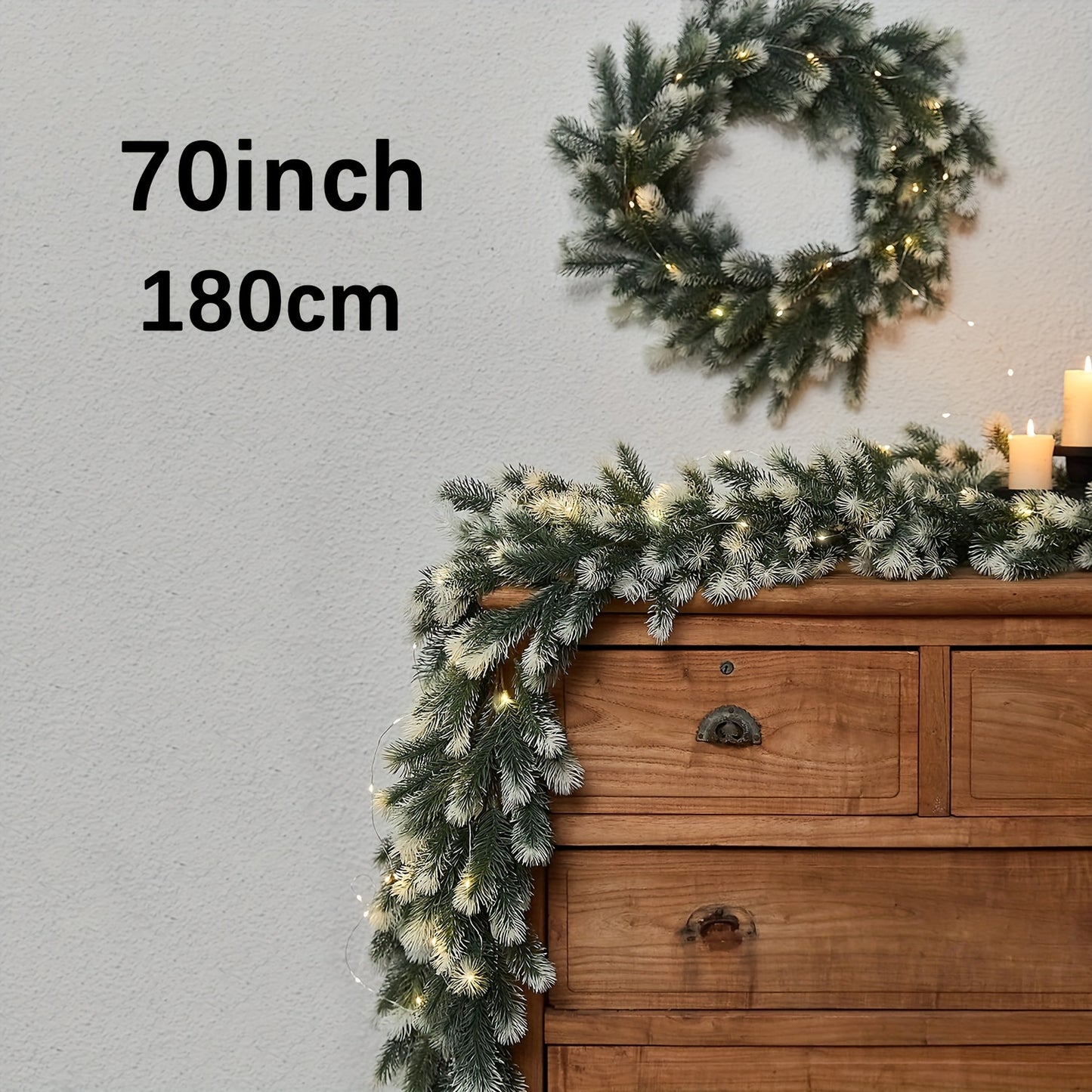 6FT Christmas Wreath, Artificial Pine And Cypress Wreath, Christmas Decoration Watch Set, Background Wall Room, Winter Wreath, Indoor Christmas Decoration, 8-function Battery, 50 Light Beads