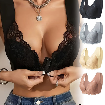 4-pack Elegant Floral Lace Push-up Bra - Comfortable Wire-free Design, Medium Support, Fashion Front Opening, Wide Straps And Jacquard Pattern - Perfect For Adult Women's Daily Wear, Home, Dating And Other Scenes