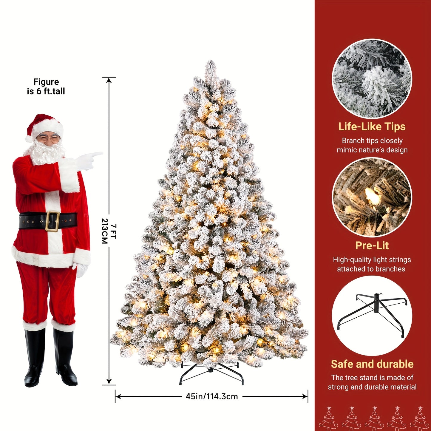 4/5/6/7/7.5/9ft Full Snow Flocked Xmas Tree 2025 New Style - 100-450 Warm White Lights, 301-1213 Lush Branches, Foldable Base | Ideal Holiday Decoration for Home/Office/Party