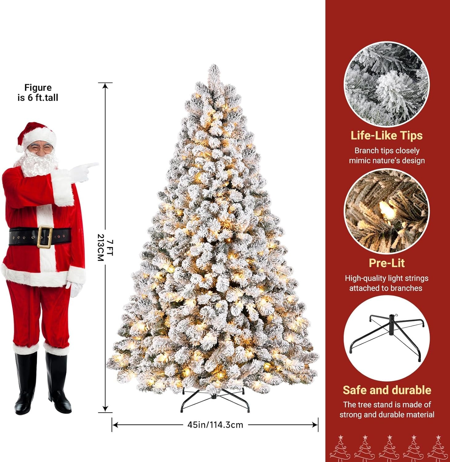 7Ft Prelit Snow Flocked Spruce Artificial Christmas Tree with 300 Incandescent Warm White Lights, Foldable Stand, Snow Flocked Full Prelighted Xmas Tree W/1076 Branch Tips, 7 FT, White