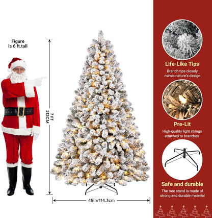 7Ft Prelit Snow Flocked Spruce Artificial Christmas Tree with 300 Incandescent Warm White Lights, Foldable Stand, Snow Flocked Full Prelighted Xmas Tree W/1076 Branch Tips, 7 FT, White