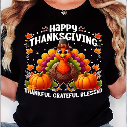 Women's Retro Thanksgiving Turkey Graphic T-Shirt - Happy Thanksgiving Text with Pumpkin & Turkey Design, Soft Breathable Non-See-Through Fabric, Short Sleeve Casual Top for Fall Parties, Holiday Dinners & Casual Attire - Pla