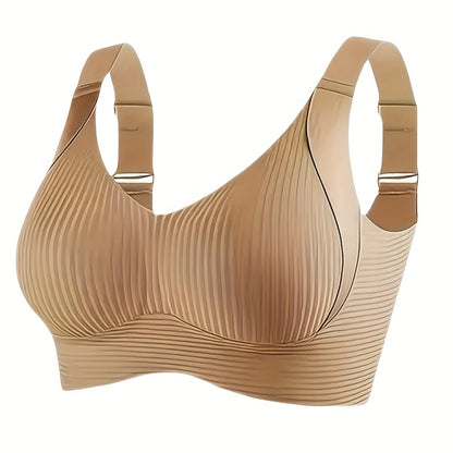 1/2/4pcs Women'S Seamless Bra - Elegant Solid Color, Wide Shoulder Straps And Built-in Bra, Comfortable And Breathable Wireless Support, No Padding Ribbed Texture - Available In White, Beige, Black, Brow