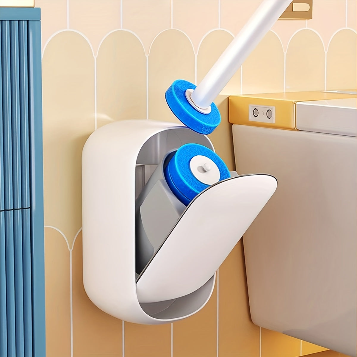 White Disposable Toilet Brush Set with Wall-Mounted Holder And Scrubbing Solution Wand Refills - Bathroom Cleaning Kit (1-Pack)