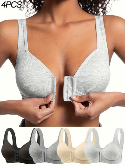 4pcs Women's Elegant Seamless Push-Up Bras - Front Closure, Breathable Nylon, Non-Padded Comfort Fit, Beige & Black for Casual Attire & Casual Outfits, Wirefree Bras, Sleek Bra Design, Smooth Texture Finish
