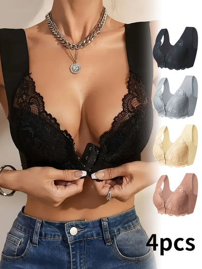 4-pack Elegant Floral Lace Push-up Bra - Comfortable Wire-free Design, Medium Support, Fashion Front Opening, Wide Straps And Jacquard Pattern - Perfect For Adult Women's Daily Wear, Home, Dating And Other Scenes