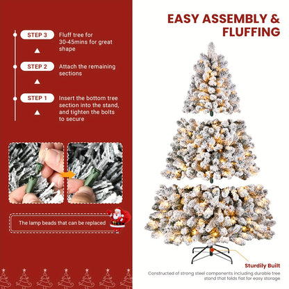 4/5/6/7/7.5/9ft Full Snow Flocked Xmas Tree 2025 New Style - 100-450 Warm White Lights, 301-1213 Lush Branches, Foldable Base | Ideal Holiday Decoration for Home/Office/Party