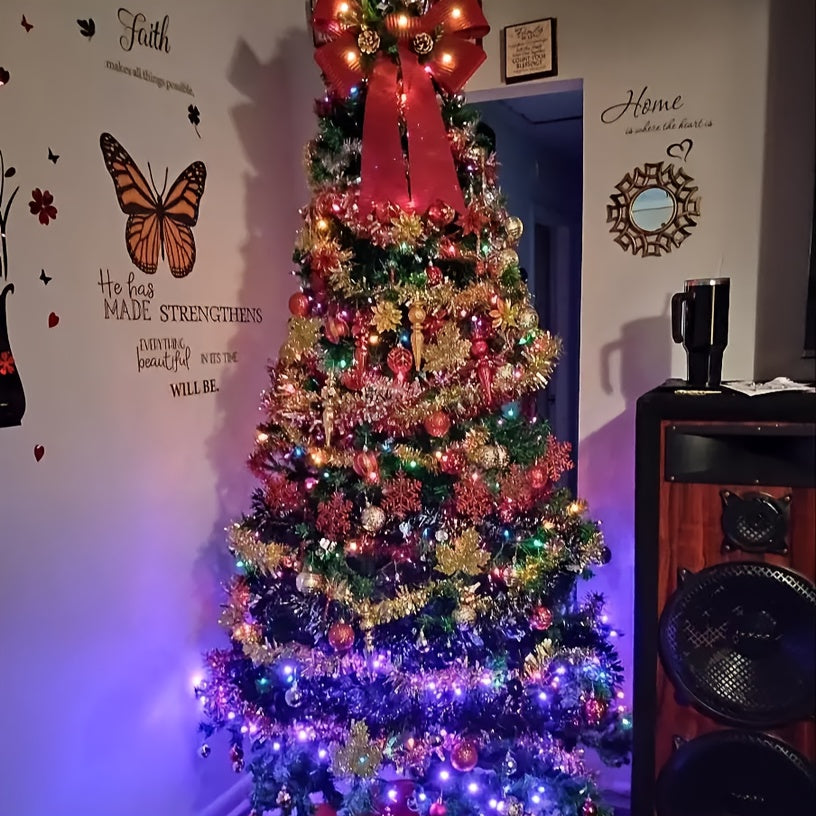 8ft Full Green Flat Top Christmas Tree with Sturdy Metal Stand - 1138 Branches for Indoor And Outdoor Holiday Decorations