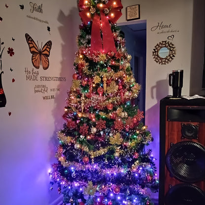 8ft Full Green Flat Top Christmas Tree with Sturdy Metal Stand - 1138 Branches for Indoor And Outdoor Holiday Decorations