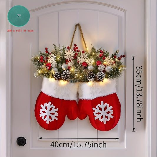 Christmas Glove Wreath with 20 LED Lights, Christmas Wreath for Front Door with Artificial Pine Branches, Red Berries, and Frosted Pine Cones, Suitable for Indoor/Outdoor Decoration, Used for Christmas Tree, Wall Decoration