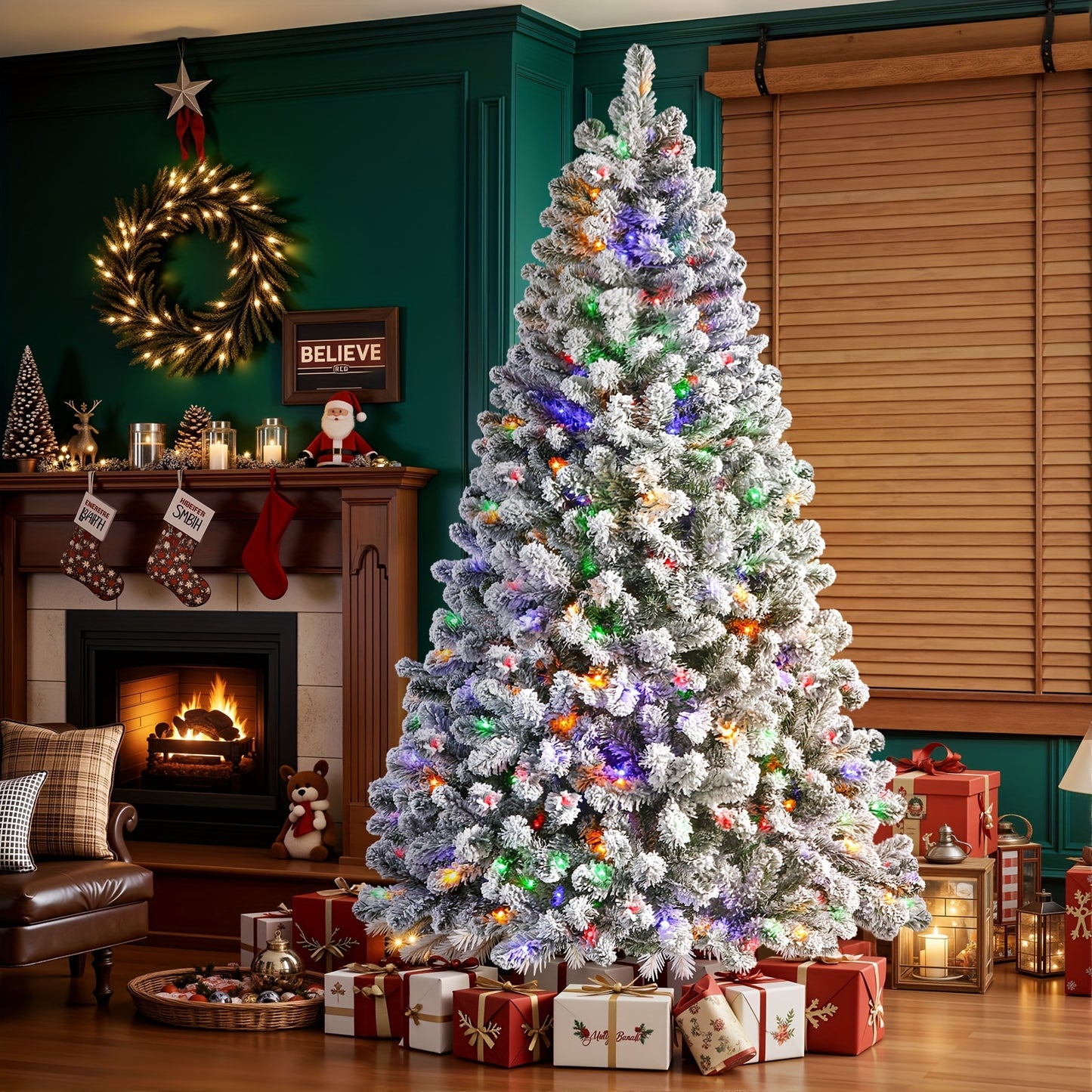 6.5ft Prelit Snow Flocked Artificial Christmas Tree with Remote Control - 170-640 RGB Lights, 378-1938 Branch Tips, Easy to Assemble, Minimal Fluff Shedding, Full & Lush Foliage for Home, Office, Party Decoration, 4/5/6/7/7.5