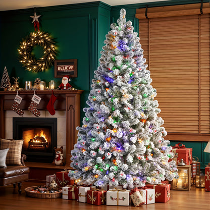 6.5ft Prelit Snow Flocked Artificial Christmas Tree with Remote Control - 170-640 RGB Lights, 378-1938 Branch Tips, Easy to Assemble, Minimal Fluff Shedding, Full & Lush Foliage for Home, Office, Party Decoration, 4/5/6/7/7.5