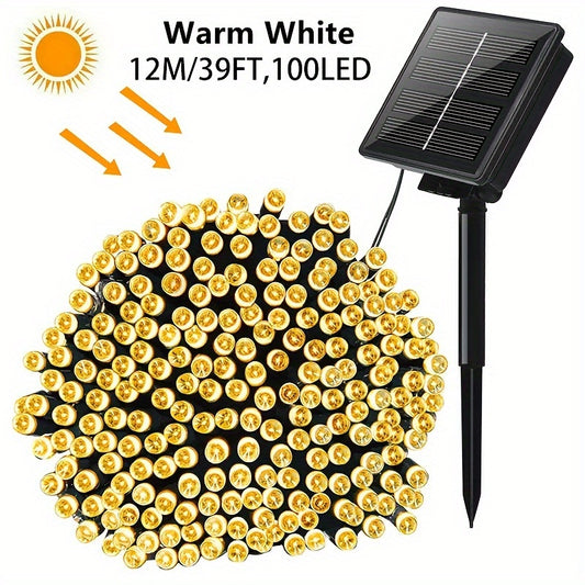 100 LED Solar-Powered String Lights, 12m/39FT, Multi-Color,, Outdoor Festive Christmas Decoration, Weather-Resistant, No Accessories, Button Control, Flickering Feature