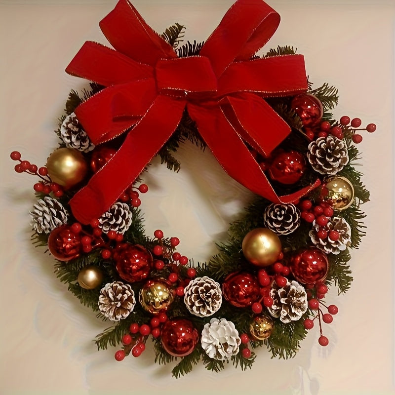 TUREHOM 16'' Sparkly Red Berries, Pine Cones & Reindeer Christmas Wreath - Pre-Decorated All-Weather Plastic Door Hanger for Front Door, Wall, / Holiday Party Decorations, Christmas Decor