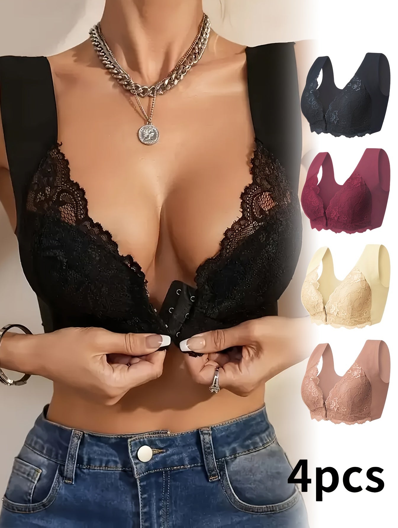 4-pack Elegant Floral Lace Push-up Bra - Comfortable Wire-free Design, Medium Support, Fashion Front Opening, Wide Straps And Jacquard Pattern - Perfect For Adult Women's Daily Wear, Home, Dating And Other Scenes