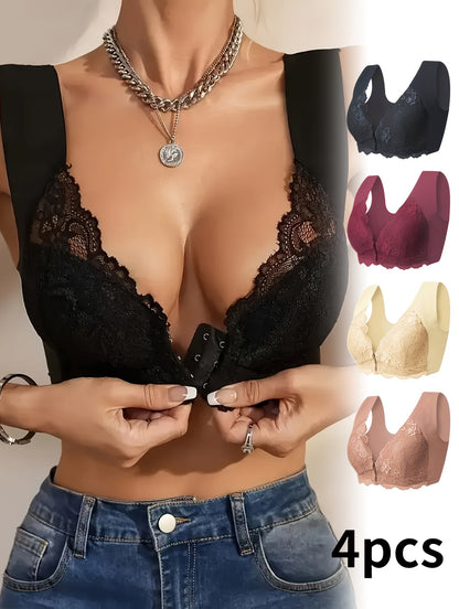 4-pack Elegant Floral Lace Push-up Bra - Comfortable Wire-free Design, Medium Support, Fashion Front Opening, Wide Straps And Jacquard Pattern - Perfect For Adult Women's Daily Wear, Home, Dating And Other Scenes