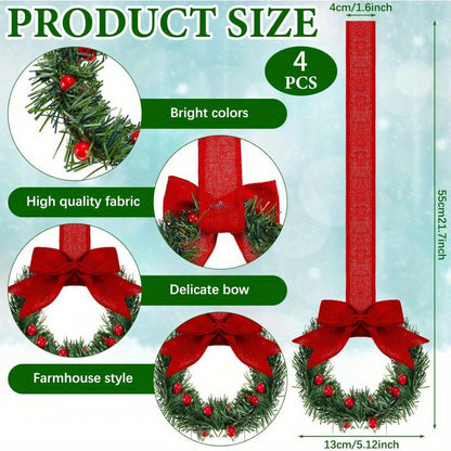 6pcs Christmas Kitchen Cabinet Mini Wreaths Hanging Ornaments With Bow & Berries, 5.12 Inch Mini Christmas Wreath Small Kitchen Xmas Decor, Artificial Hanging Garlands For Window/ Cabinet/ Chair/ Door/ Staircase