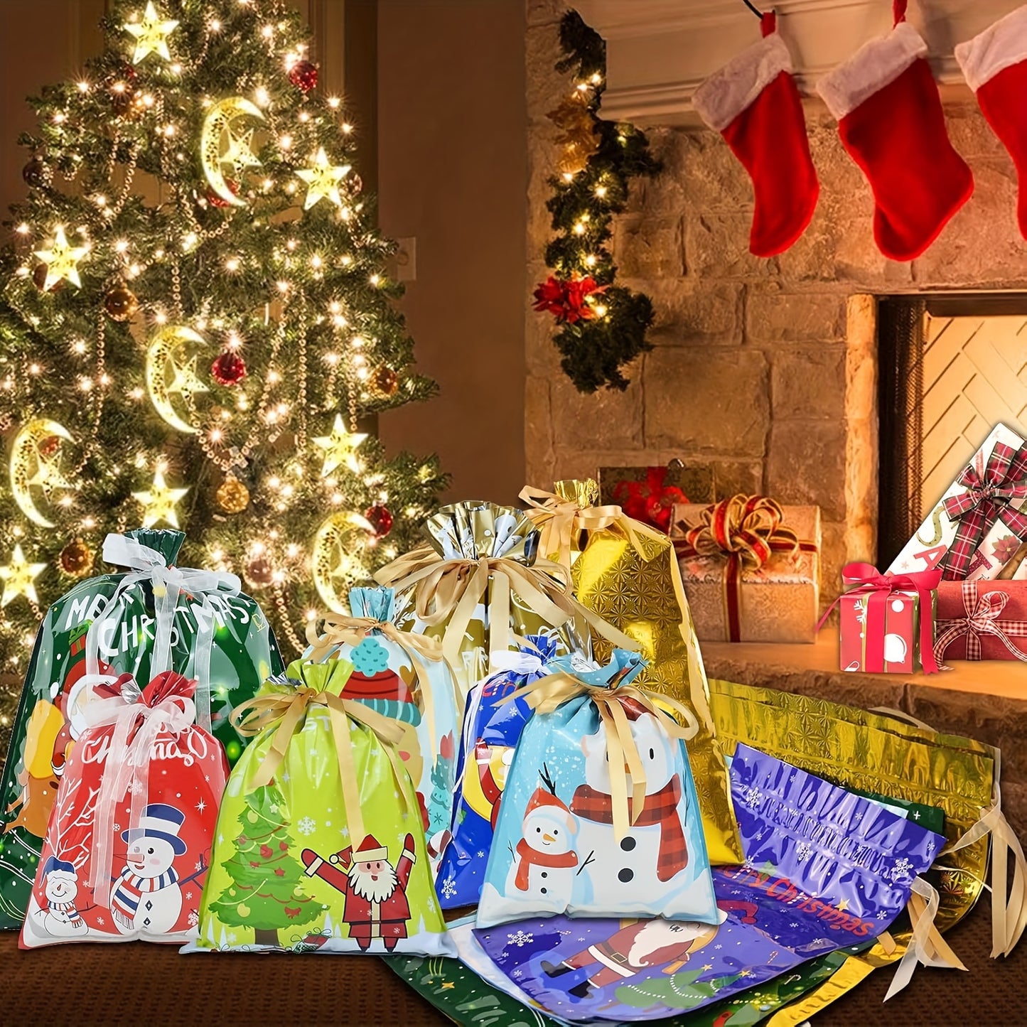 MERGROLY 28pcs Christmas Drawstring Gift Bags with Ribbon - 4 Sizes (Jumbo/Extra Large/Medium/Small) & 8 Festive Designs, Durable Polyester Holiday Wrapping Bags for Xmas Presents, Party Favors, Goody Bags - Reindeer, Snowfla