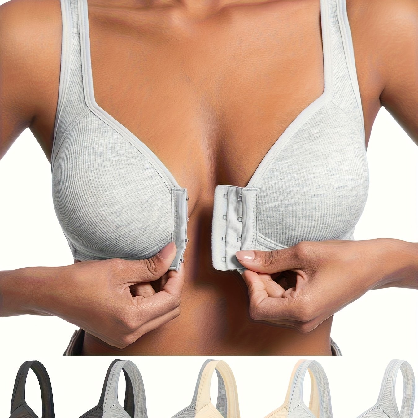 4pcs Women's Elegant Seamless Push-Up Bras - Front Closure, Breathable Nylon, Non-Padded Comfort Fit, Beige & Black for Casual Attire & Casual Outfits, Wirefree Bras, Sleek Bra Design, Smooth Texture Finish