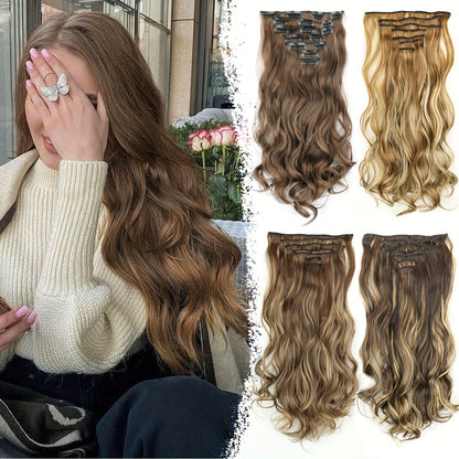 7 Sets (16 Clips) Clip-In Curly Hair Extensions for Women - 24" Long Blonde/Brown/Beige/Balayage Ombre Wavy Wig Pieces, -Looking Volume & Length for Everyday, Parties, Weddings, Sensitive Scalp Friendly - Easy Clip-On Extensi