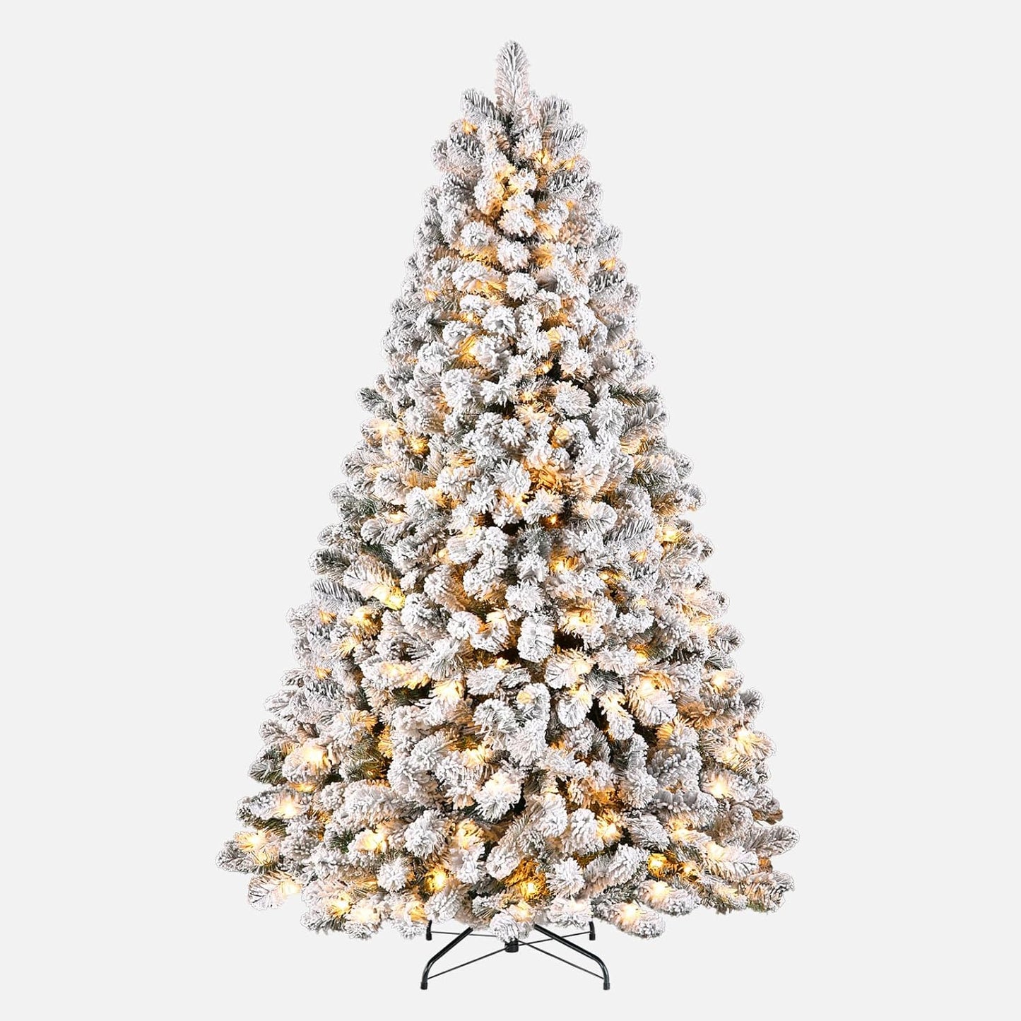 7Ft Prelit Snow Flocked Spruce Artificial Christmas Tree with 300 Incandescent Warm White Lights, Foldable Stand, Snow Flocked Full Prelighted Xmas Tree W/1076 Branch Tips, 7 FT, White