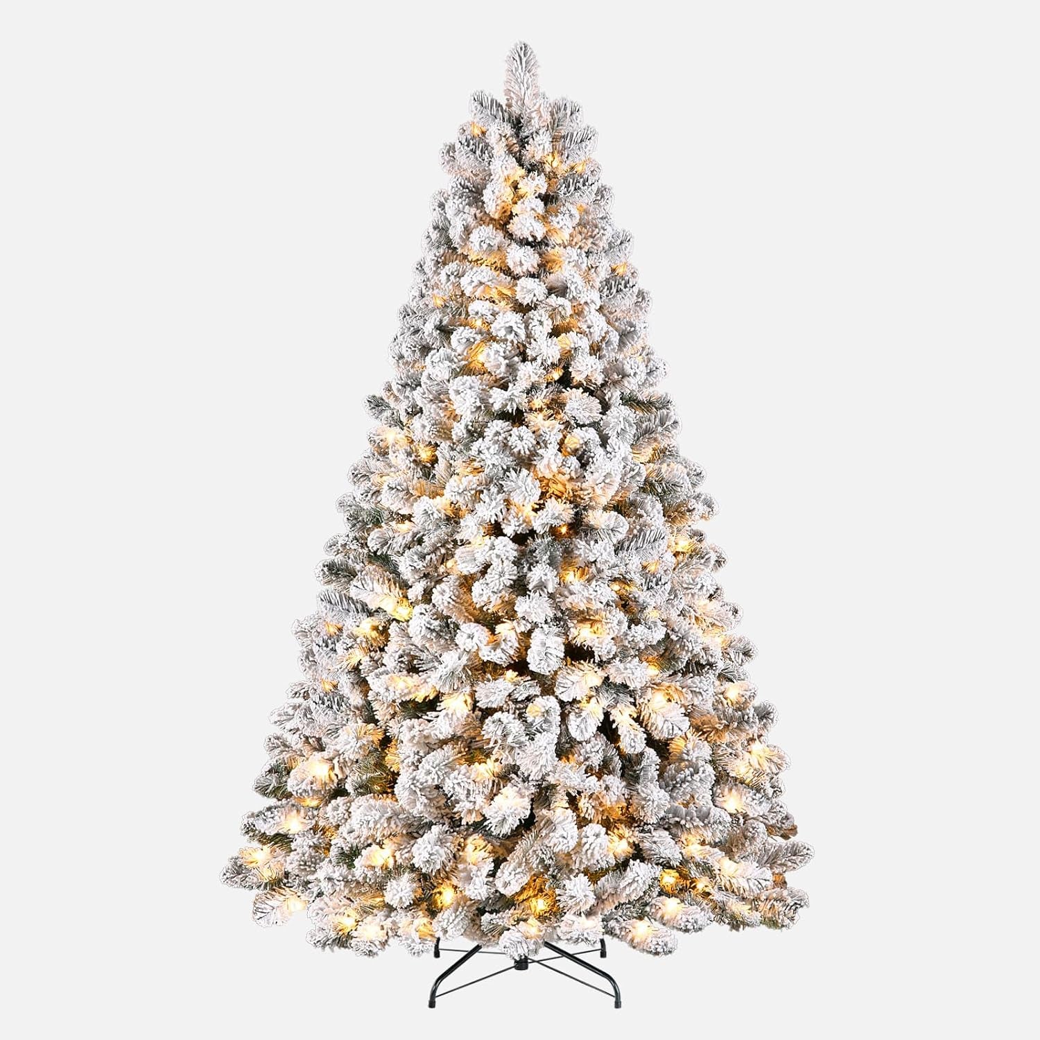 7Ft Prelit Snow Flocked Spruce Artificial Christmas Tree with 300 Incandescent Warm White Lights, Foldable Stand, Snow Flocked Full Prelighted Xmas Tree W/1076 Branch Tips, 7 FT, White