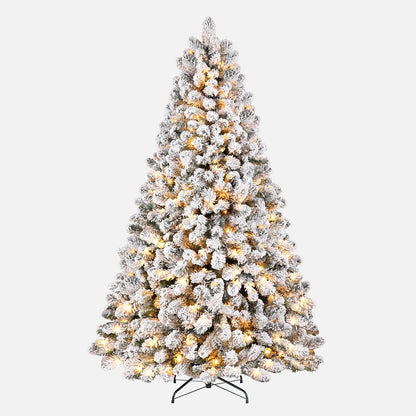 7Ft Prelit Snow Flocked Spruce Artificial Christmas Tree with 300 Incandescent Warm White Lights, Foldable Stand, Snow Flocked Full Prelighted Xmas Tree W/1076 Branch Tips, 7 FT, White