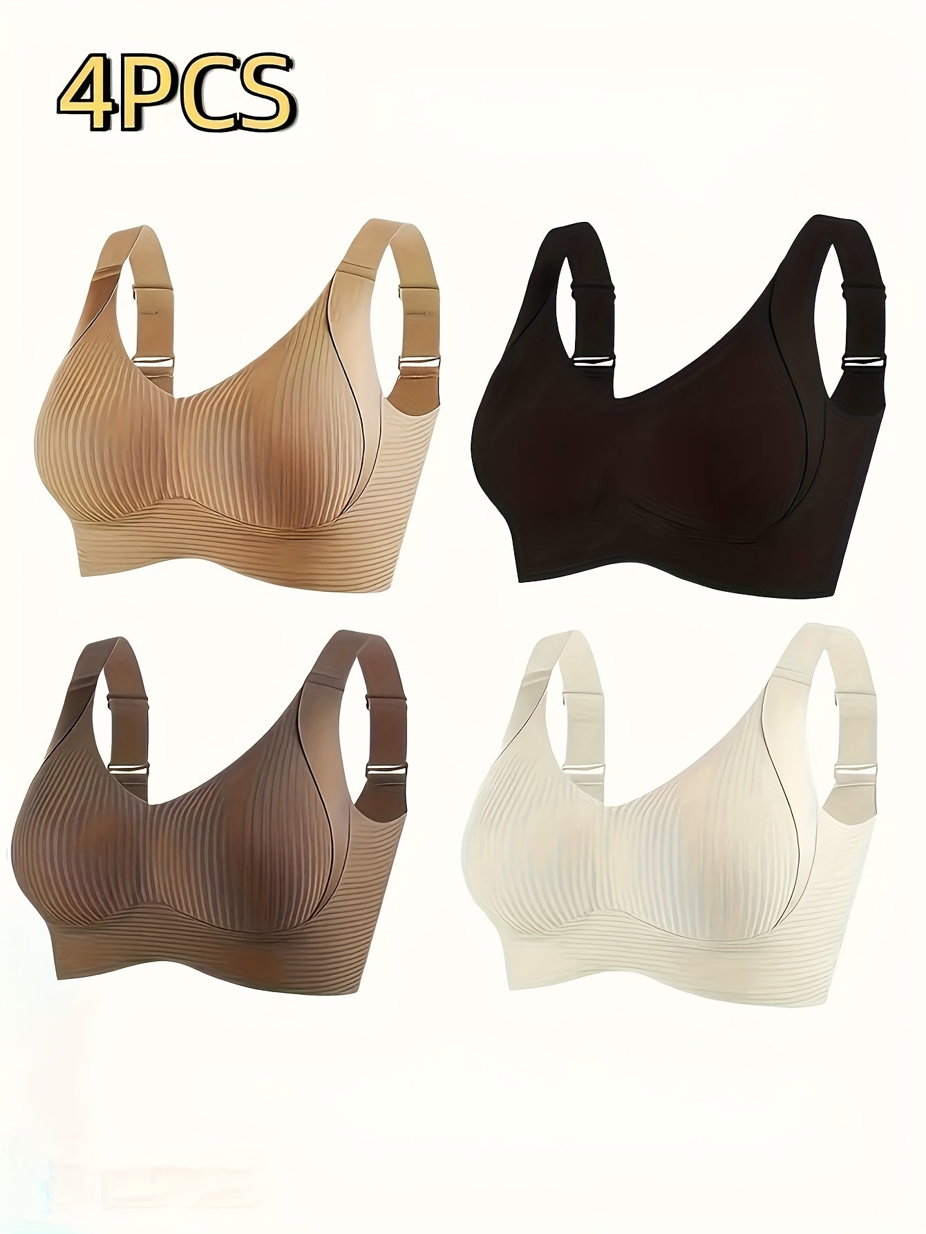 1/2/4pcs Women'S Seamless Bra - Elegant Solid Color, Wide Shoulder Straps And Built-in Bra, Comfortable And Breathable Wireless Support, No Padding Ribbed Texture - Available In White, Beige, Black, Brow