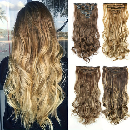 7 Sets (16 Clips) Clip-In Curly Hair Extensions for Women - 24" Long Blonde/Brown/Beige/Balayage Ombre Wavy Wig Pieces, -Looking Volume & Length for Everyday, Parties, Weddings, Sensitive Scalp Friendly - Easy Clip-On Extensi