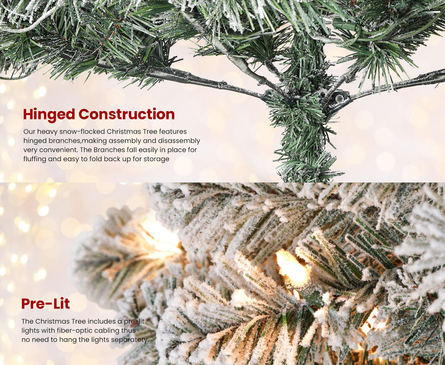 4/5/6/7/7.5/9ft Full Snow Flocked Xmas Tree 2025 New Style - 100-450 Warm White Lights, 301-1213 Lush Branches, Foldable Base | Ideal Holiday Decoration for Home/Office/Party