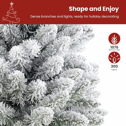 7Ft Prelit Snow Flocked Spruce Artificial Christmas Tree with 300 Incandescent Warm White Lights, Foldable Stand, Snow Flocked Full Prelighted Xmas Tree W/1076 Branch Tips, 7 FT, White