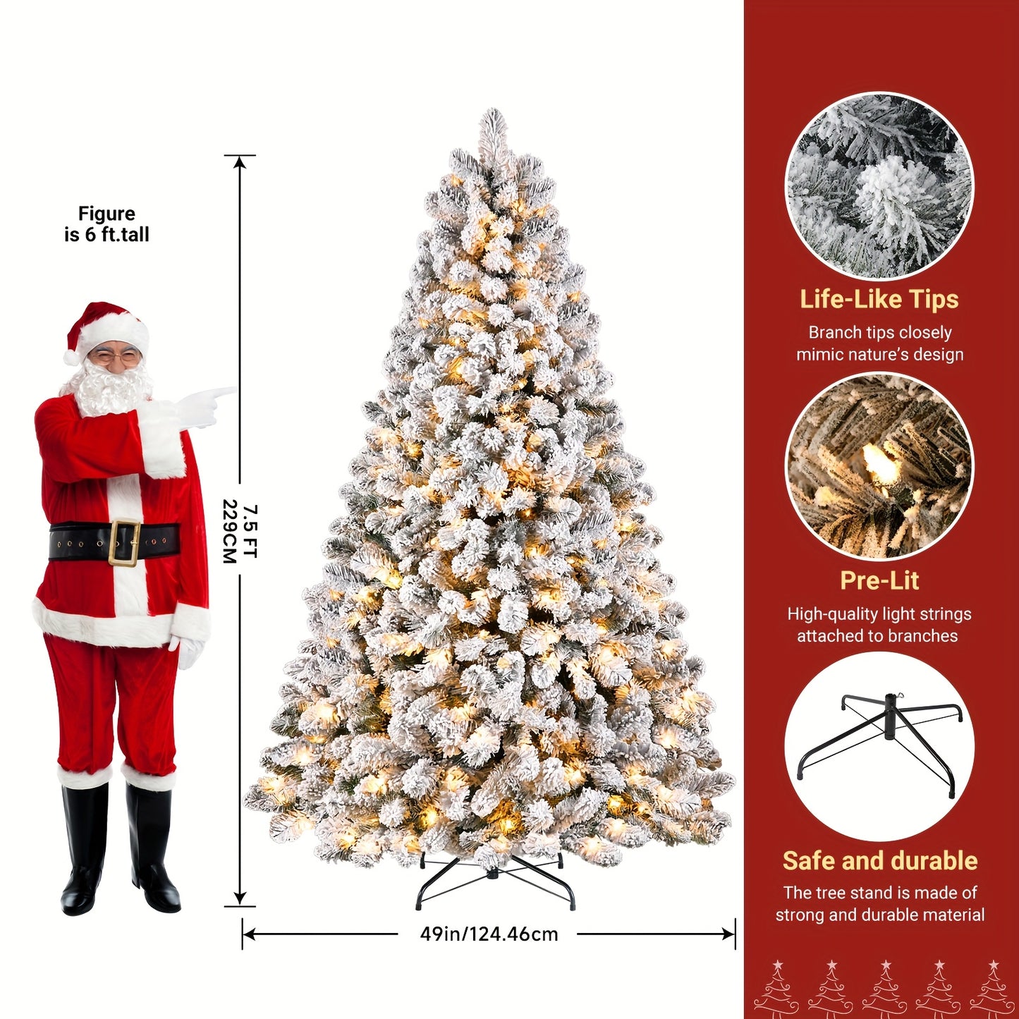 4/5/6/7/7.5/9ft Full Snow Flocked Xmas Tree 2025 New Style - 100-450 Warm White Lights, 301-1213 Lush Branches, Foldable Base | Ideal Holiday Decoration for Home/Office/Party
