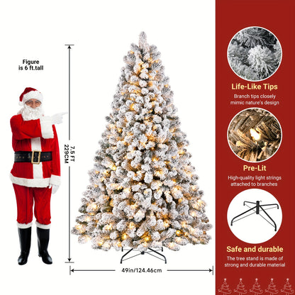 4/5/6/7/7.5/9ft Full Snow Flocked Xmas Tree 2025 New Style - 100-450 Warm White Lights, 301-1213 Lush Branches, Foldable Base | Ideal Holiday Decoration for Home/Office/Party