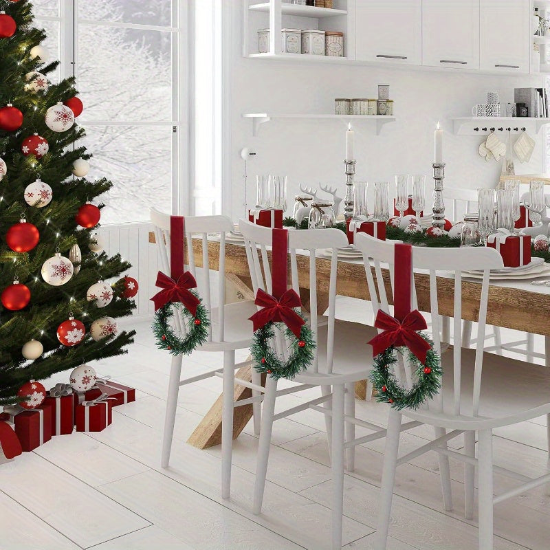 6pcs Christmas Kitchen Cabinet Mini Wreaths Hanging Ornaments With Bow & Berries, 5.12 Inch Mini Christmas Wreath Small Kitchen Xmas Decor, Artificial Hanging Garlands For Window/ Cabinet/ Chair/ Door/ Staircase